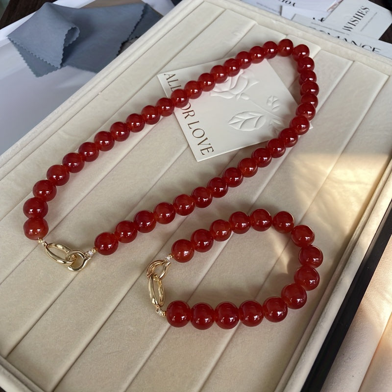 Vintage etnik uslubdagi 2-qismli karneol marjon va bilaguzuk to'plami, tabiiy tosh, 12mm to'plar bilan. Aprel tug'ilgan toshi. Har mavsumda kiyish uchun sun'iy toshdan tayyorlangan. Kundalik, ta'til, Oyning Yangi Yili va bayram ziyofatlari uchun ideal.