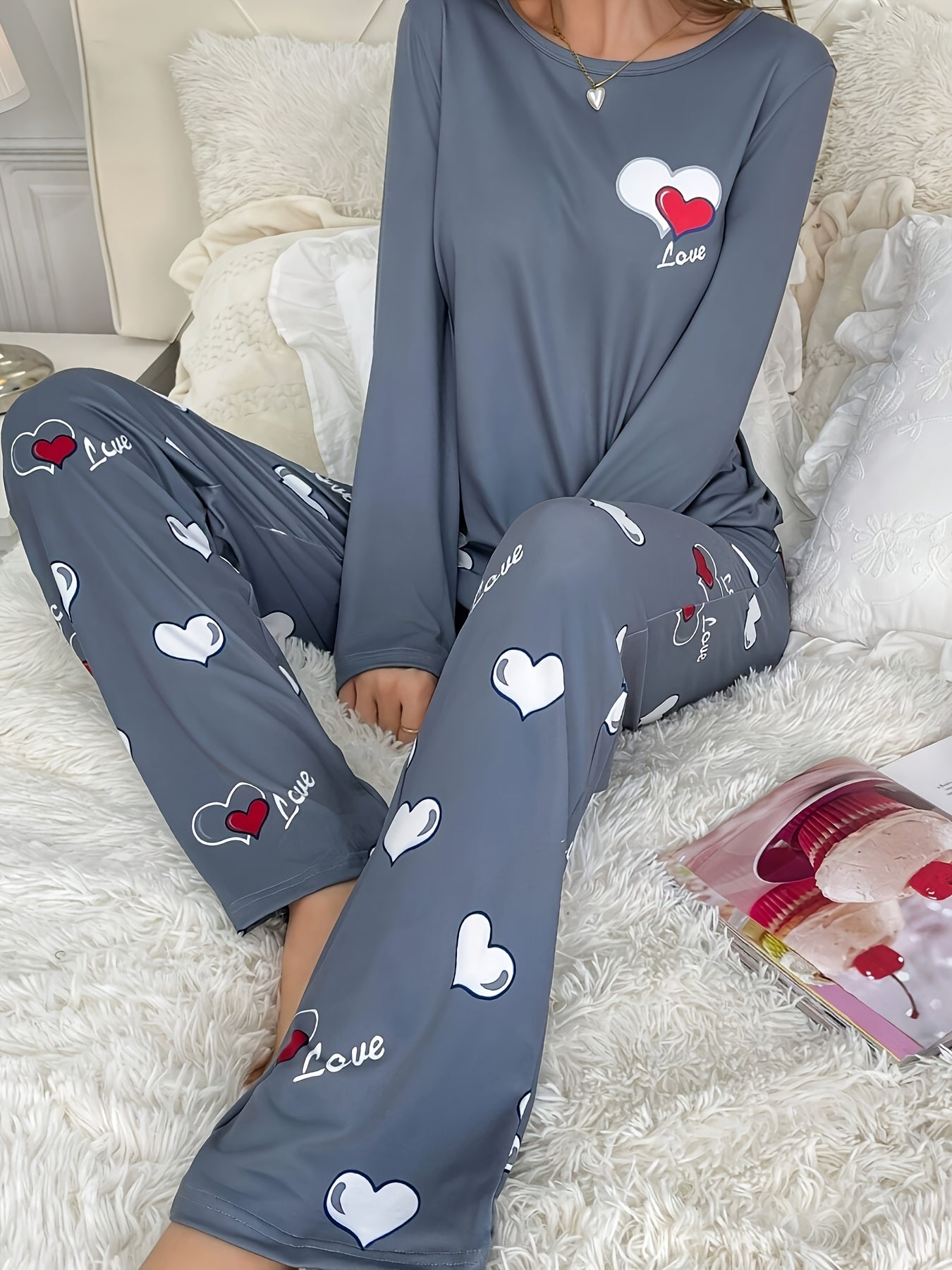 Plus Size Women's Casual Heart Print Long Sleeve Pantsuit