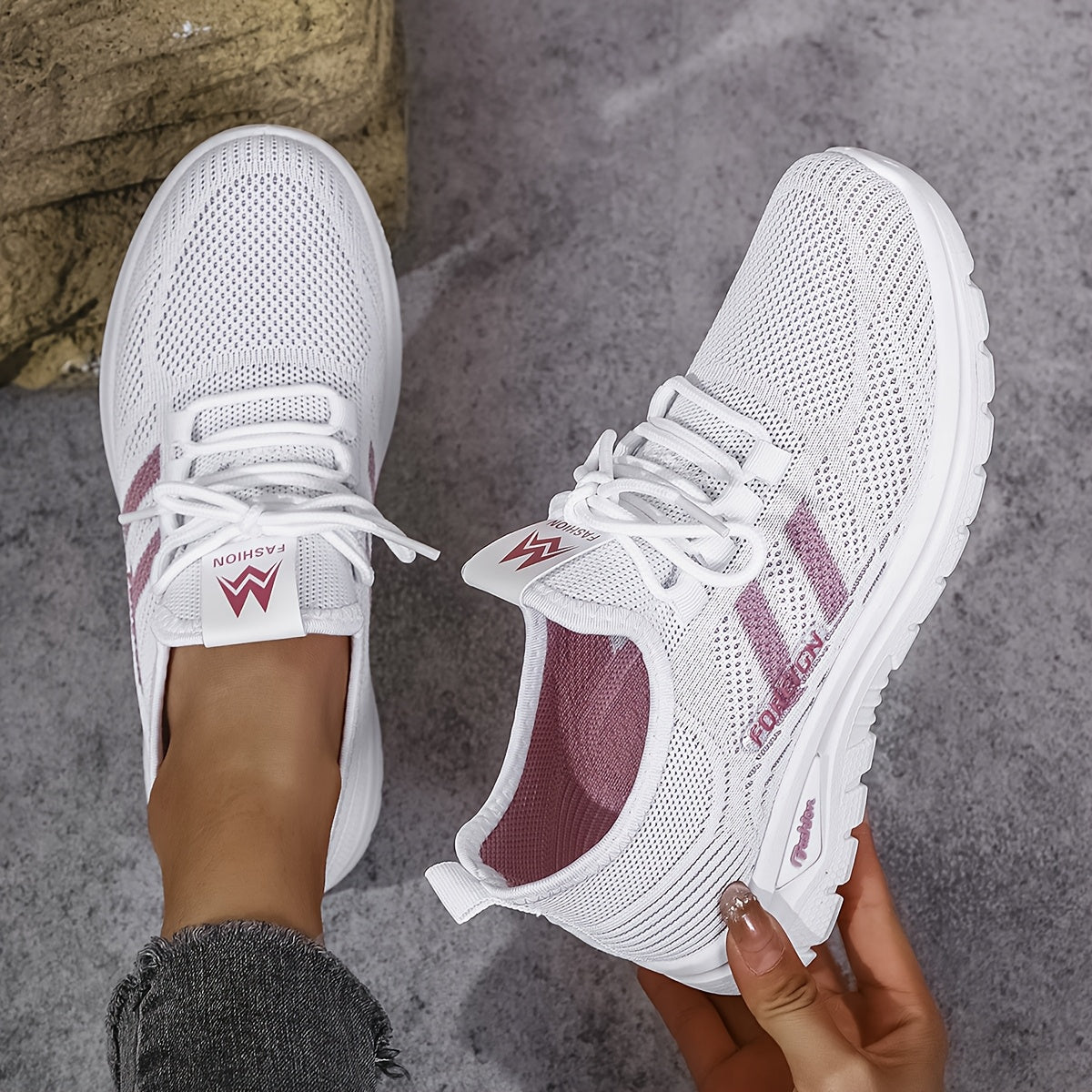 Women’s Casual Running Shoes White Pink Breathable Non-Slip