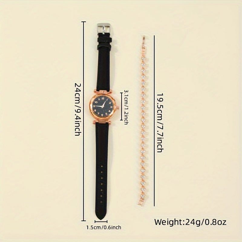 Women's 2-Piece Watch and Bracelet Set Casual Quartz Faux Leather Gift for Mom
