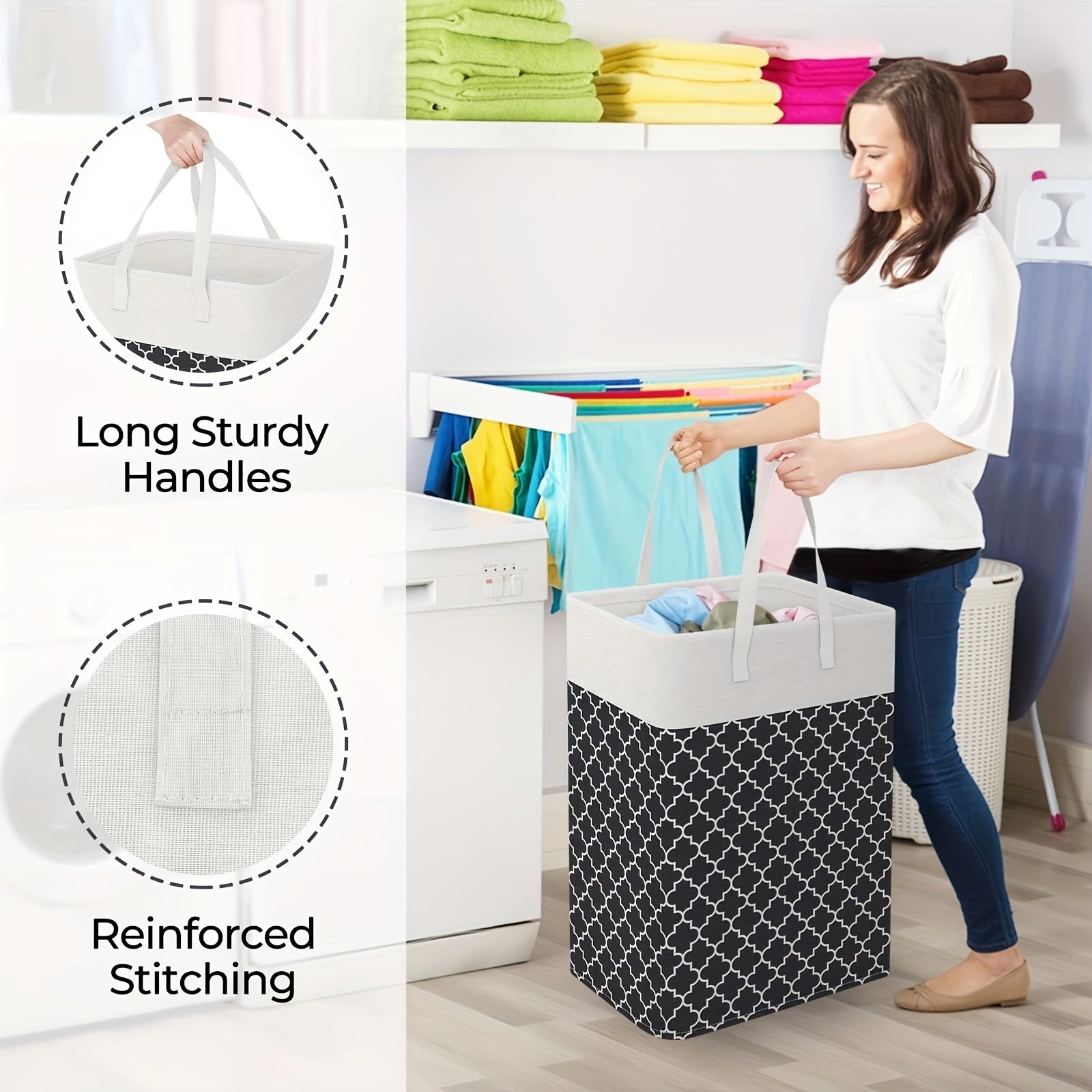 75L Waterproof Collapsible Laundry Hamper with Handles and Geometric Pattern