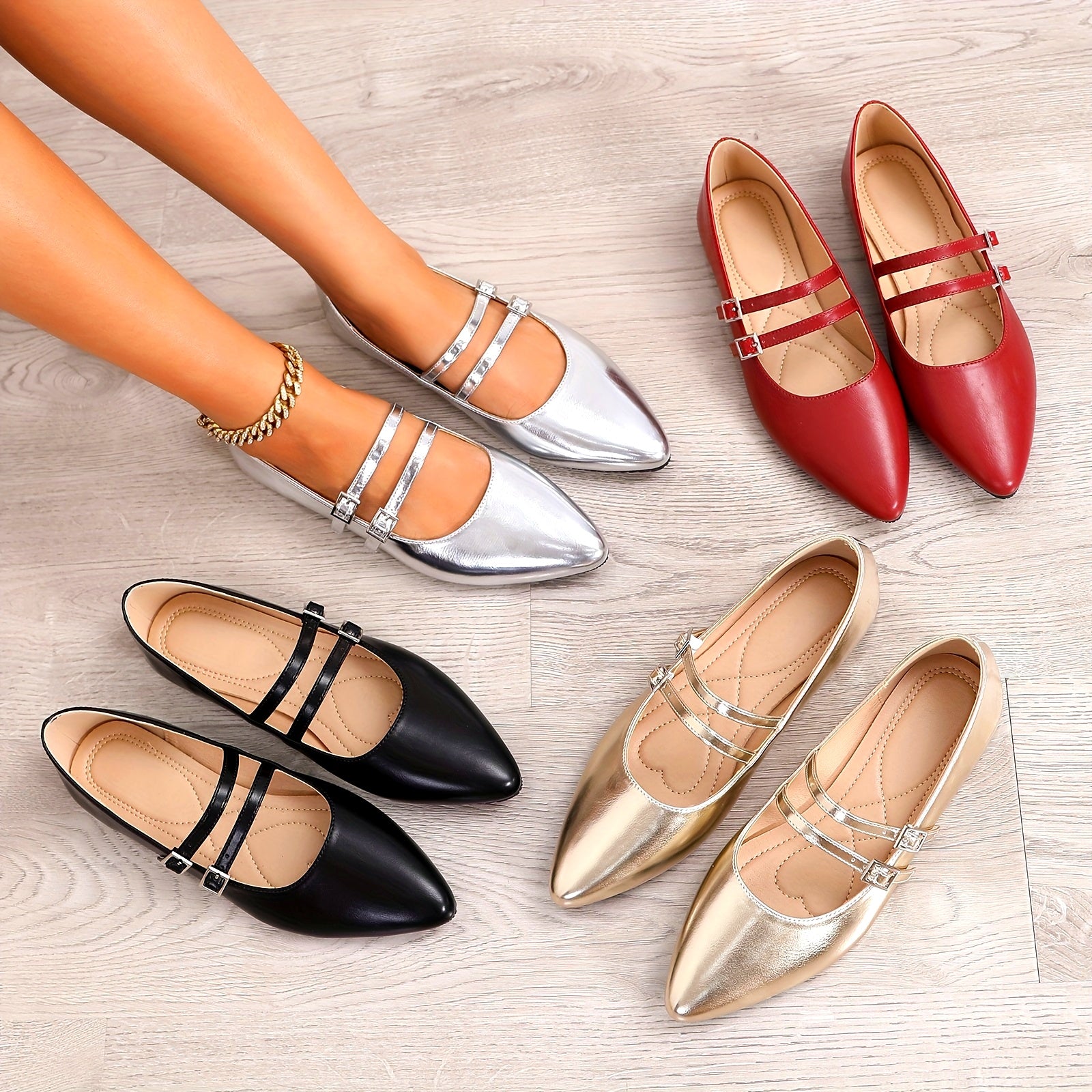 Zapatos planos rojos con punta en forma de Mary Jane para mujer con hebilla y collarín aireado