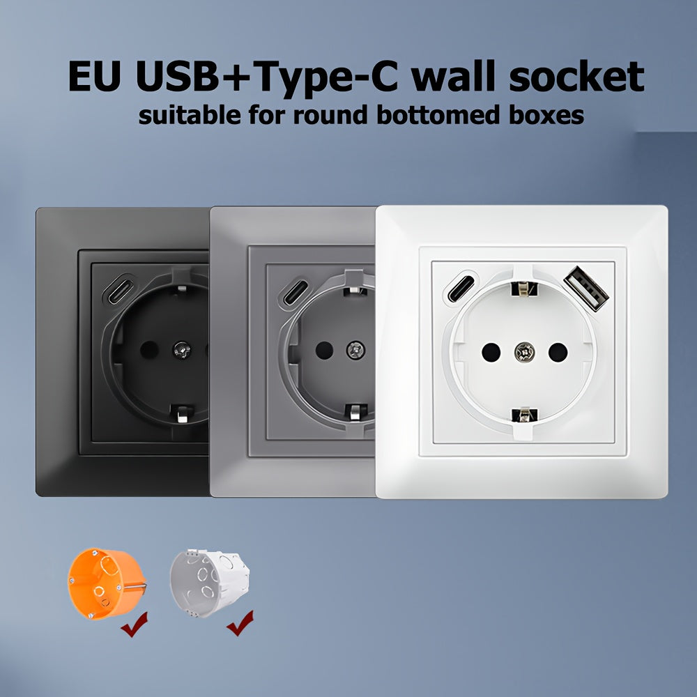 EU USB Type-C Wall Socket 220V Hard-Wired for Round Box Compatibility