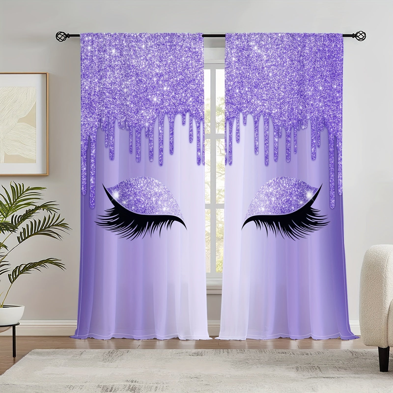 Set of Two Eyelash Printed Curtains, Rod Pocket Window Treatments for Bedroom and Living Room