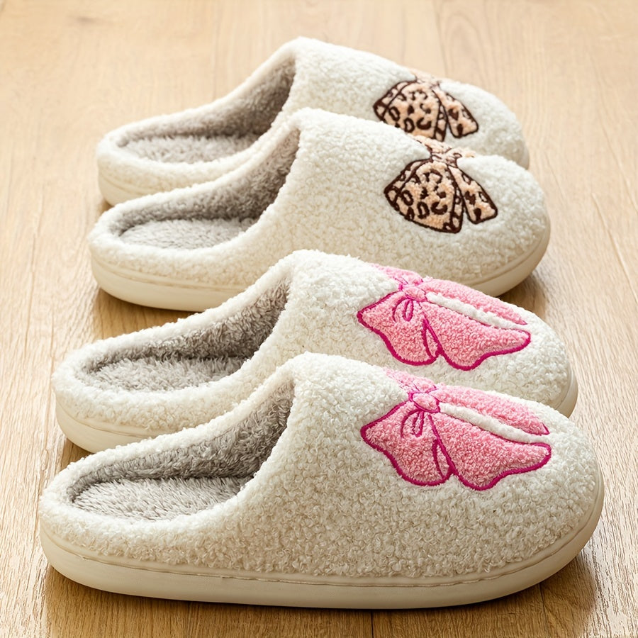 Women's Plush Lined Bowknot Pattern Indoor Slippers, Comfortable Slip-On Shoes