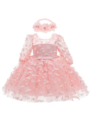 Baby Girls Butterfly Mesh Dress Set with Headband Long Sleeve Floral Midi Cotton Polyester
