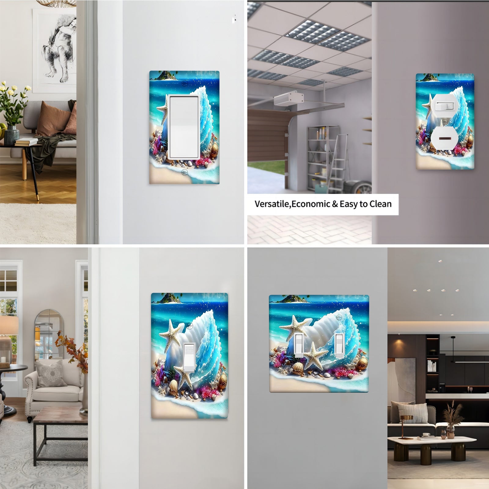 Cubierta de interruptor de luz con temática de playa, con conchas y estrellas de mar, de policarbonato irrompible