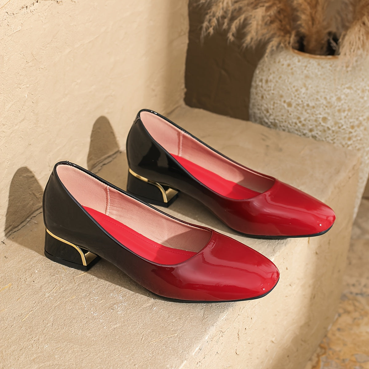 Women’s Red to Black Gradient Square Toe Pumps Glossy Chunky Heel Dress Shoes