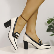 Women's White Black Mary Jane Pumps with Chunky Heel and Gold Chain Strap