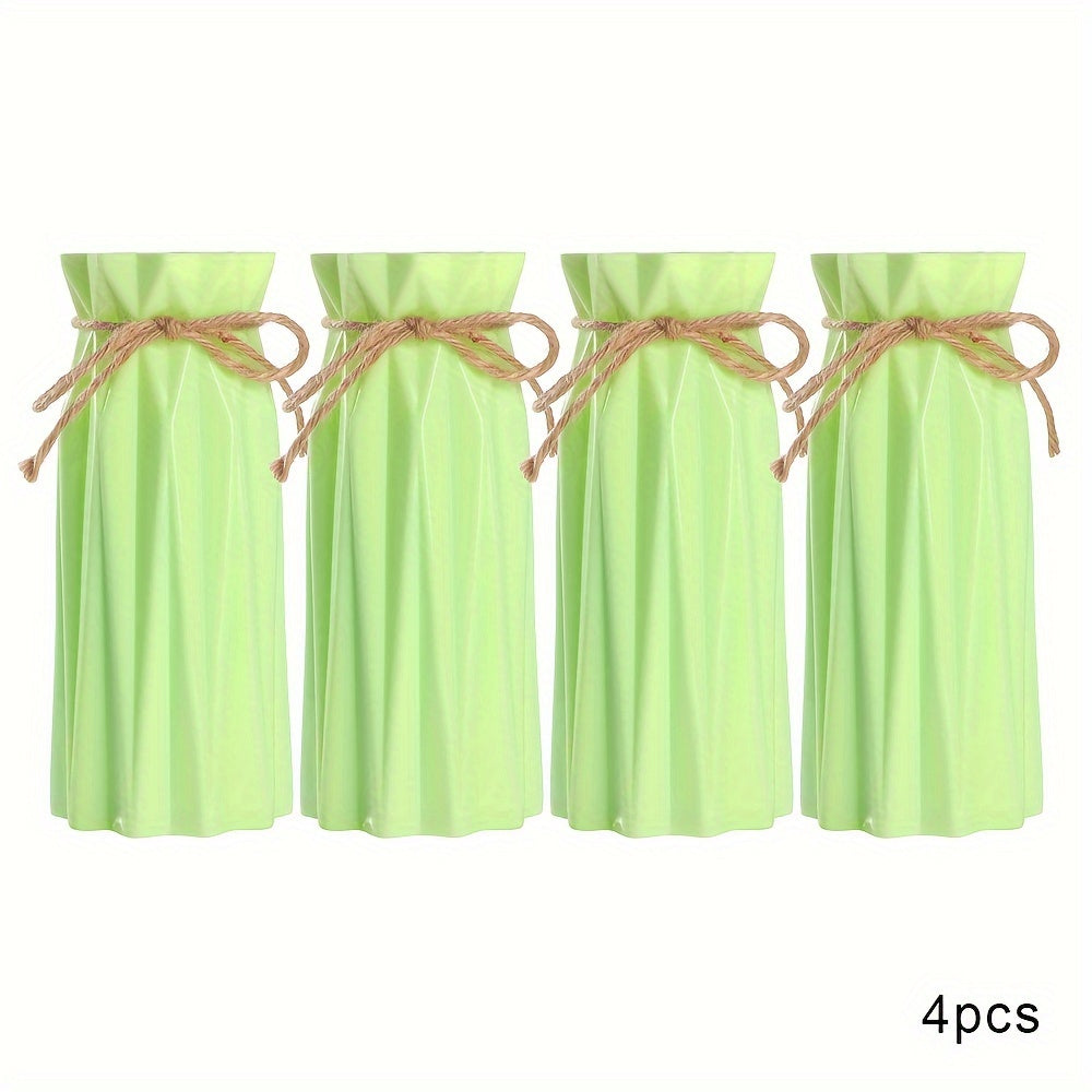 Set of 4 Plastic Vases with Origami Design and Pampas Grass Pattern 17.5cm Tall for Home Office Decor