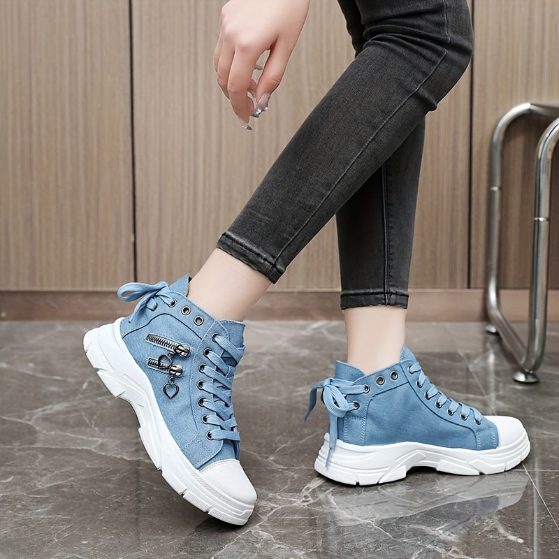 Zapatillas deportivas altas para mujer con lazo, transpirables, blanco y azul