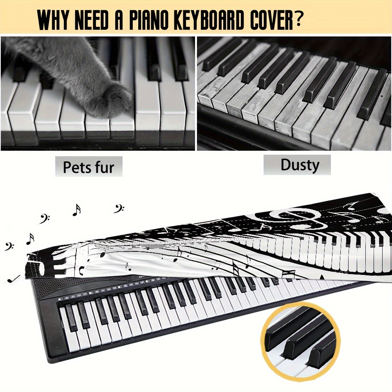 Funda de polvo para teclado de piano en blanco y negro para 61/88 teclas, material elástico resistente a las manchas