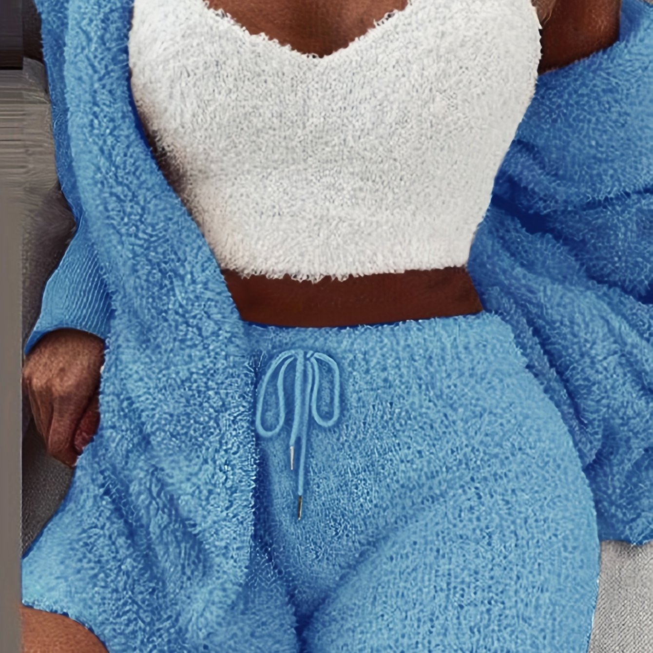 Women's Polyester Pajama Set with Long Sleeve Hooded Robe Tank Top and Drawstring Shorts