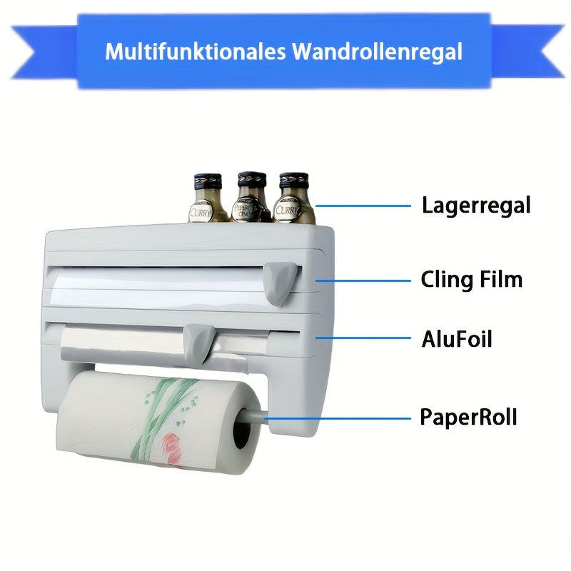 Organizador de cocina de pared con dispensador de film transparente y portarrollos de papel plástico