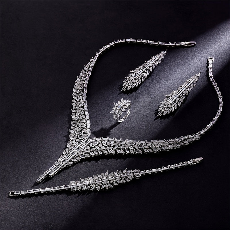 Bridal Jewelry Set 4-Piece White Gold-Plated Copper Cubic Zirconia Wedding Accessories