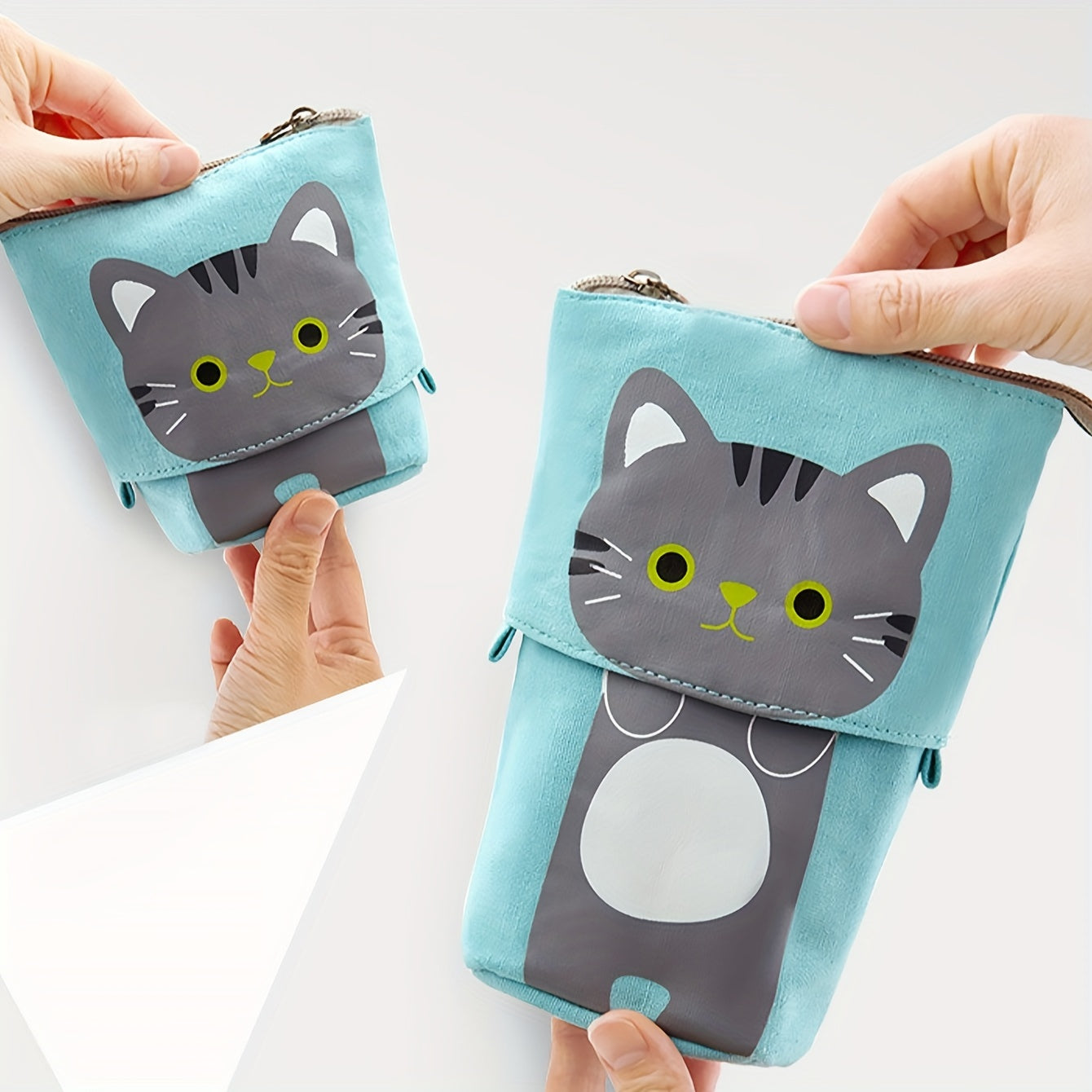 Canvas Cat Pencil Case with Zipper, Expandable, 2-in-1 Telescopic Pouch for Students