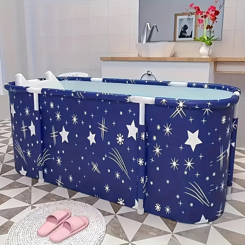 Adults Foldable Freestanding Bathtub PVC Blue White Marble Pattern Dual-Person Easy to Use