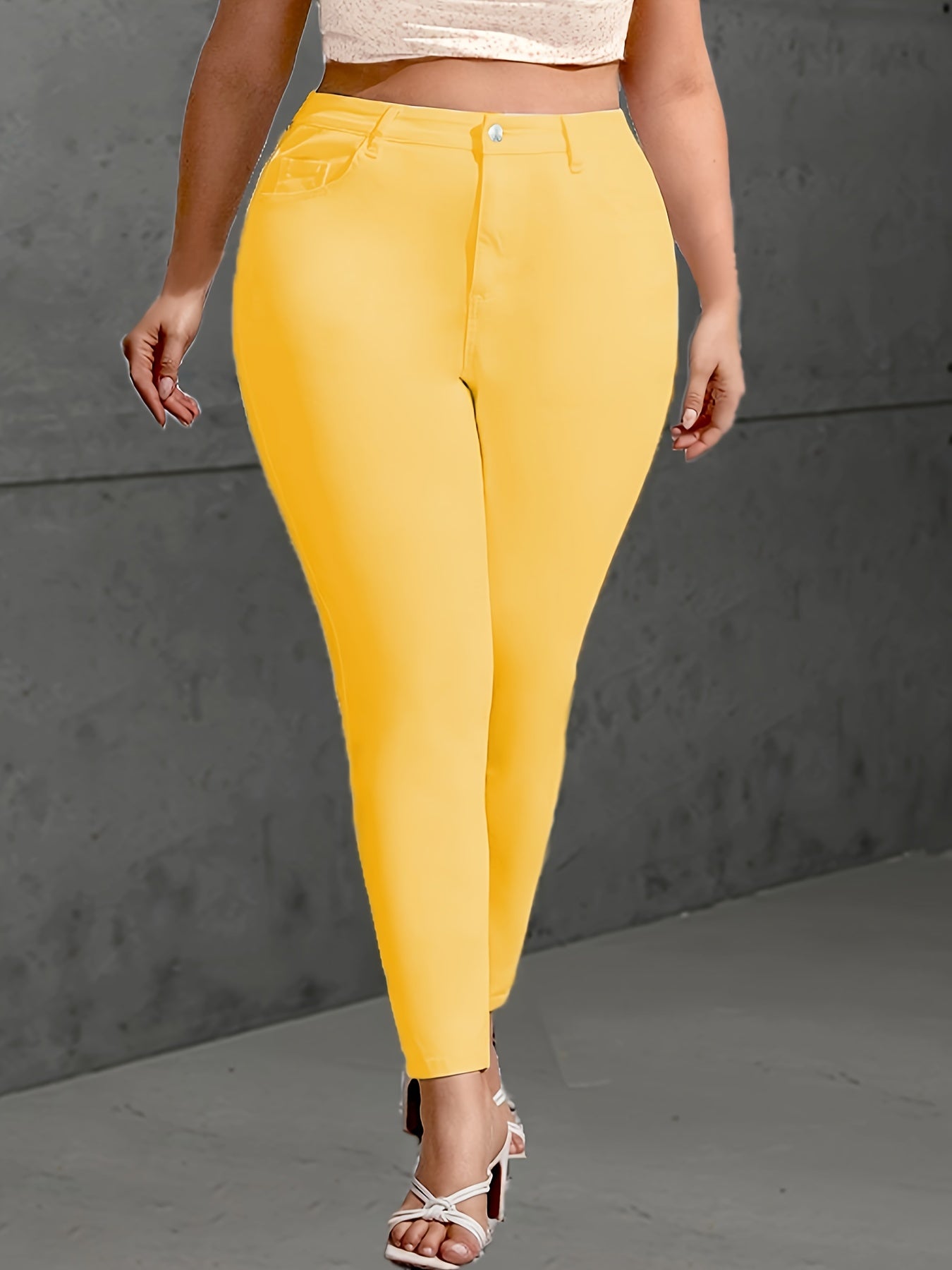 Plus Size Women's Yellow Skinny Fit Stretchy Pastel Denim Pants