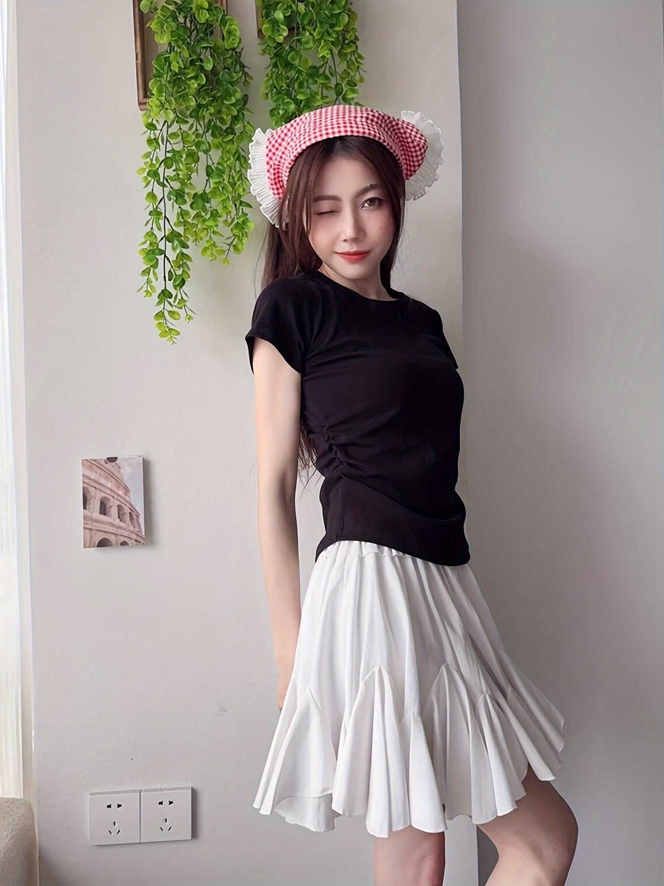 Women's Cotton Y2K Style T-Shirt Crew Neck Short Sleeve Solid Color with Frill Detail