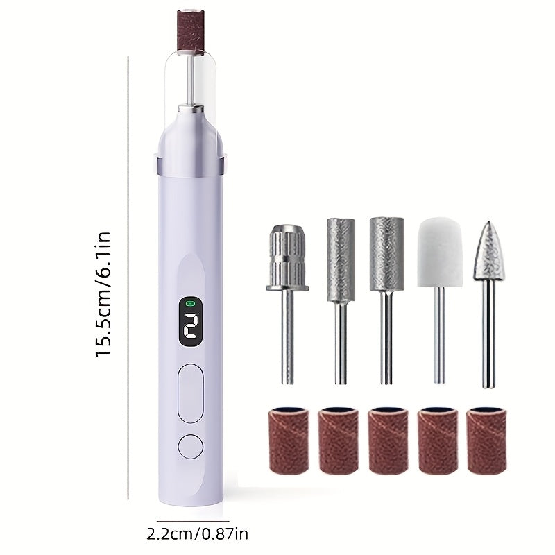 Electric Nail Drill Set with 6 Grinding Heads Portable Sander for Acrylic Gel Nails LCD Display USB Charging