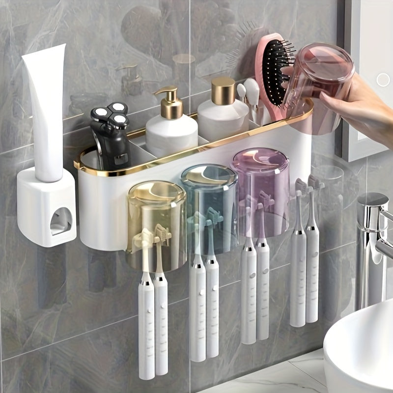 Wall-Mounted Toothbrush and Toothpaste Holder with Squeezer and Storage Shelf