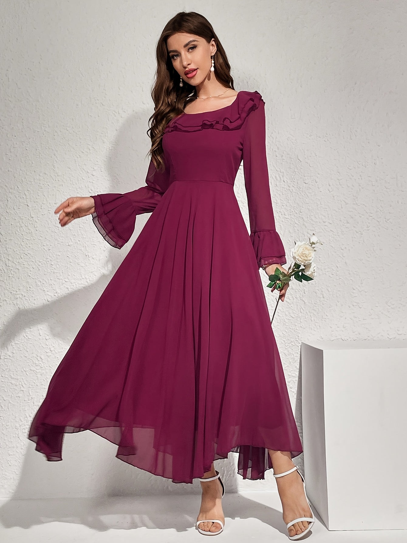 Women's Long Sleeve Polyester Dress with Ruffled Neckline for All Seasons