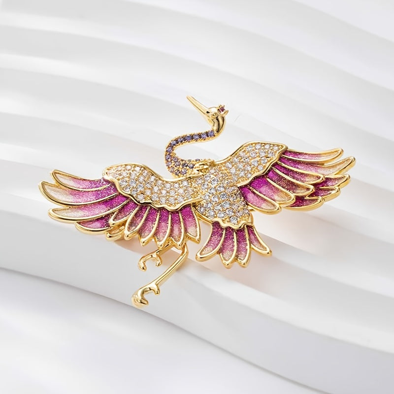 Enamel Crane Brooch Pin Animal Theme Jewelry for Cheongsam Suit Jackets Rhinestone Gold Tone