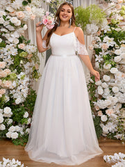 Plus Size Cold Shoulder Lace Wedding Dress Short Sleeve Party Evening