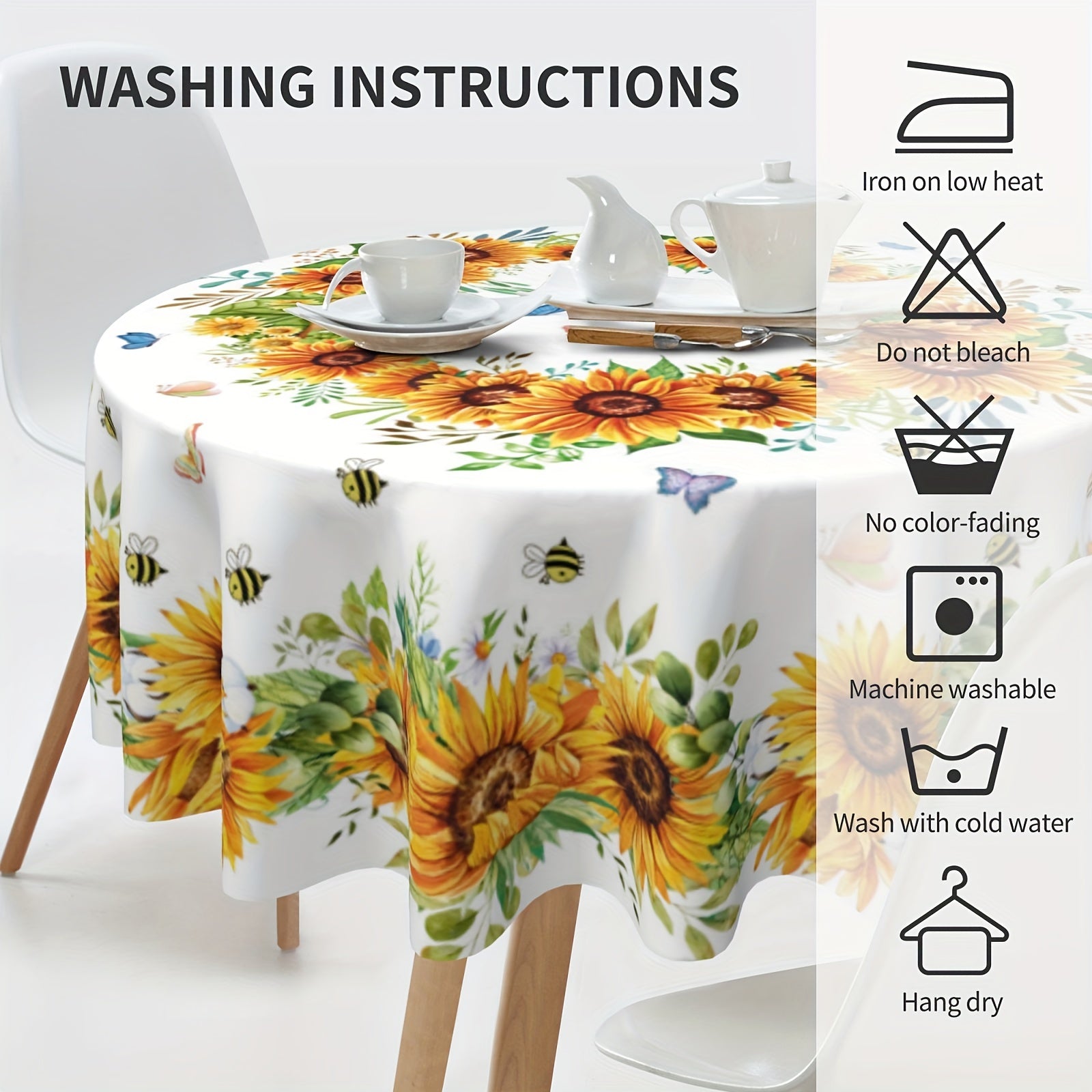 Sunflower Round Tablecloth with Floral Design Butterflies Bees Stain-Resistant Polyester Farmhouse Style for Kitchen Dining Picnic