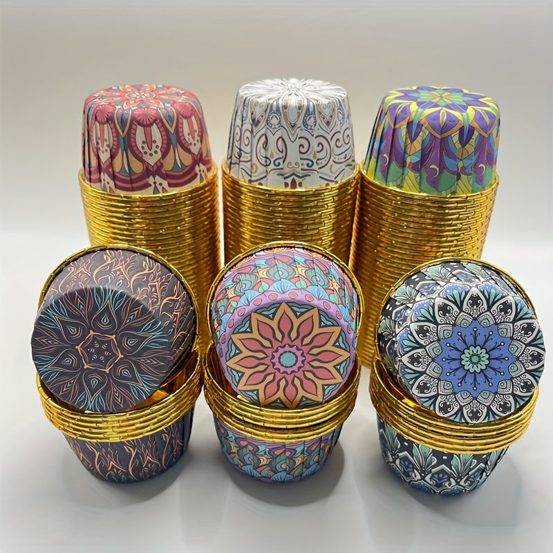 Pack of 50 Large Bohemian Style Gold Paper Cupcake Liners for Muffins and Desserts