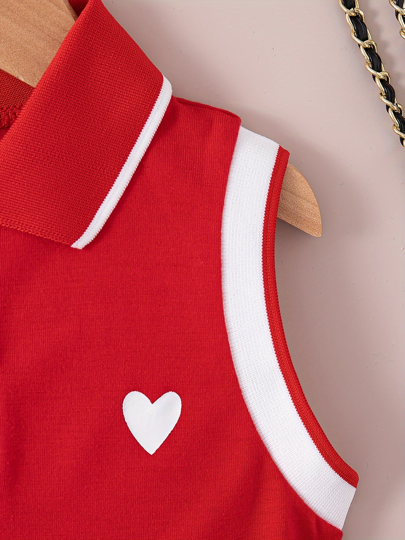 Girls Summer Sleeveless Dress with Collar Heart Print Knee Length Fabric Knit