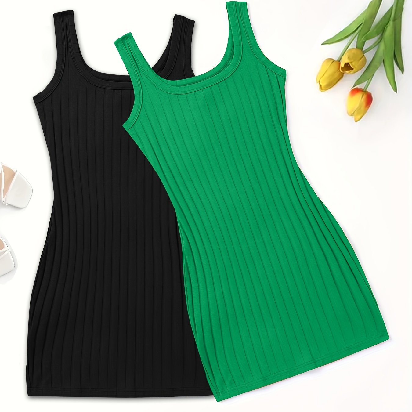 Women's Ribbed Sleep Dresses Two-Pack Black Light Blue Square Neck Stretchy Polyester Nightgowns