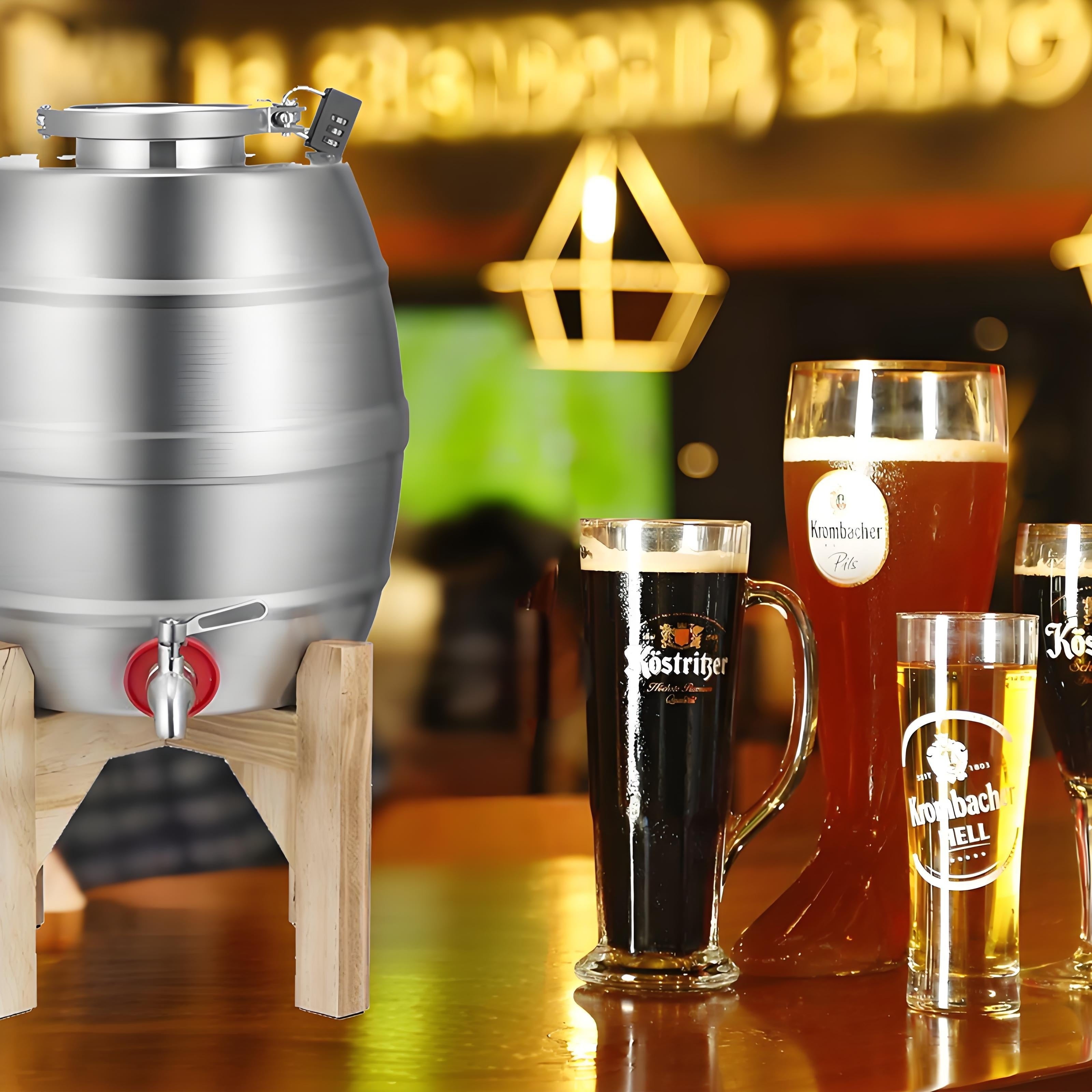 5L Stainless Steel Oval Wine Barrel with Tap Wooden Stand and Lock for Liquor Storage
