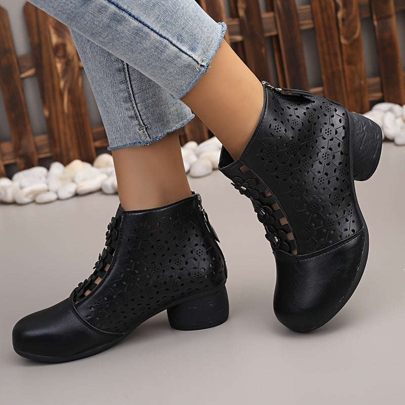 Women Retro Ankle Boots Faux Cover Chunky Heel Zipper Mid-Heel