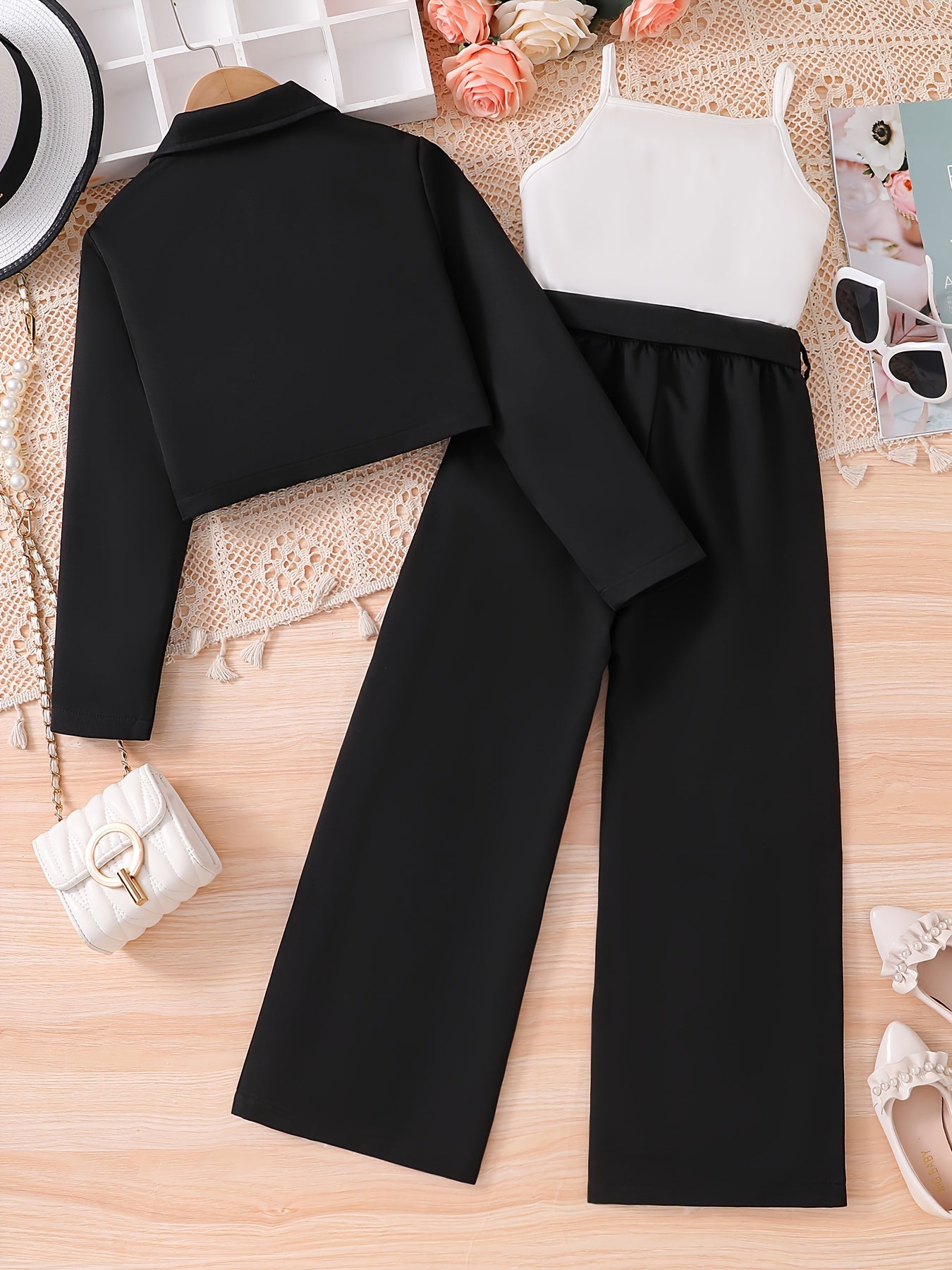 Girls' 3-Piece Outfit Set Cropped Blazer Sleeveless Camisole Pants Spring Fall Solid