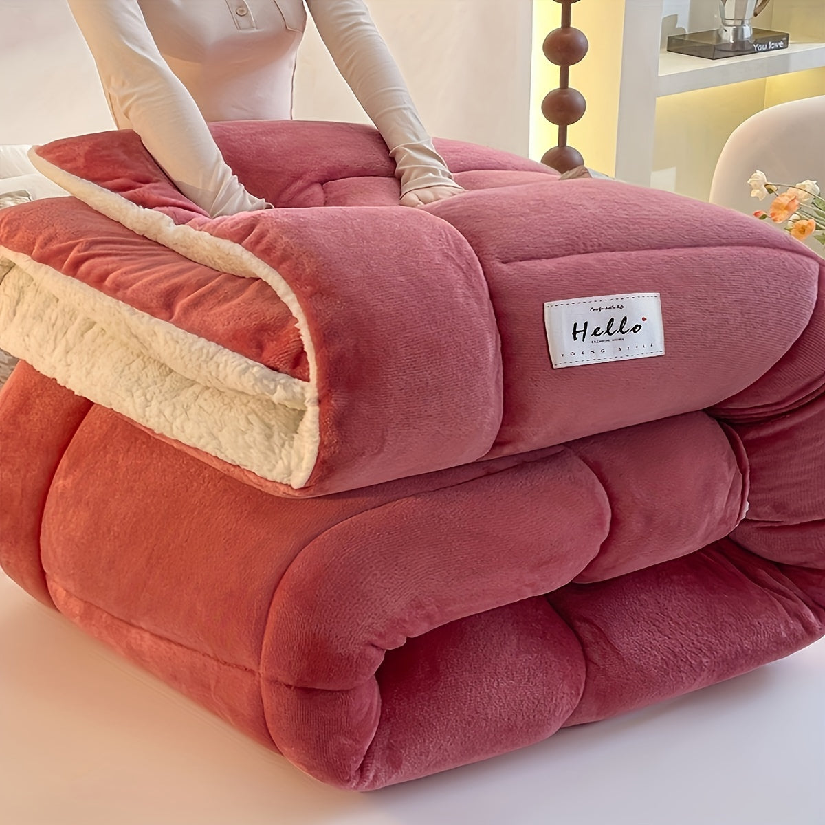 Sherpa Fleece Quilt Core Cabin Style Comforter Double-Sided Fluffy Warm Bedding