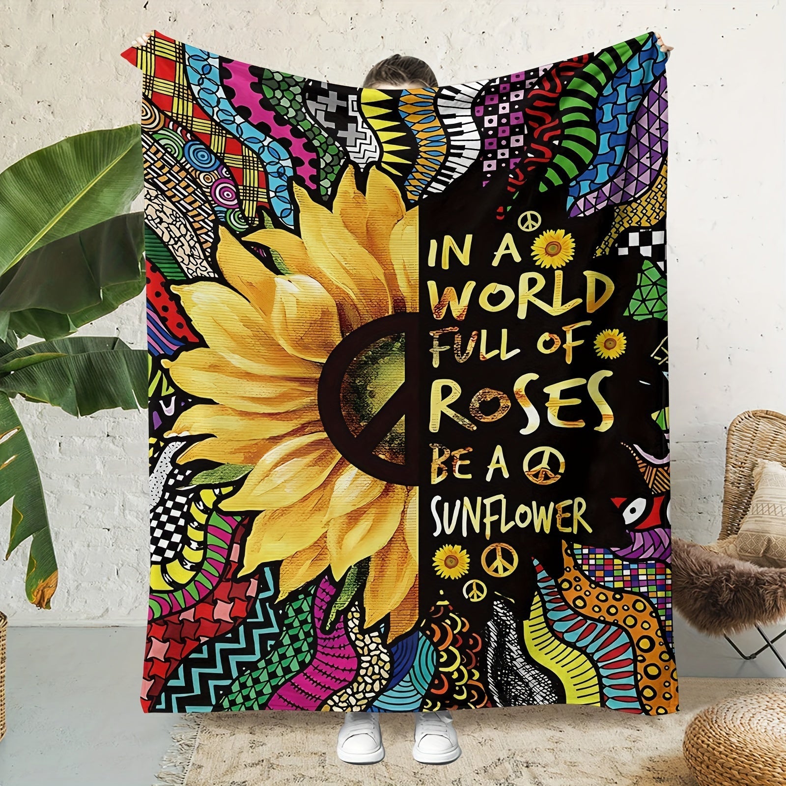 Sunflower Print Flannel Fleece Throw Blanket Soft Cozy Multi-Use for Sofa Bed Camping
