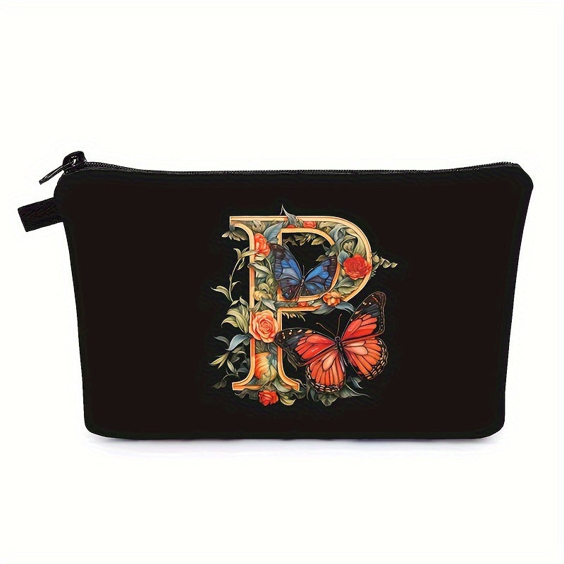 Bolsa de maquillaje negra para mujer con patrón de mariposas y flores para organizar los esenciales de belleza