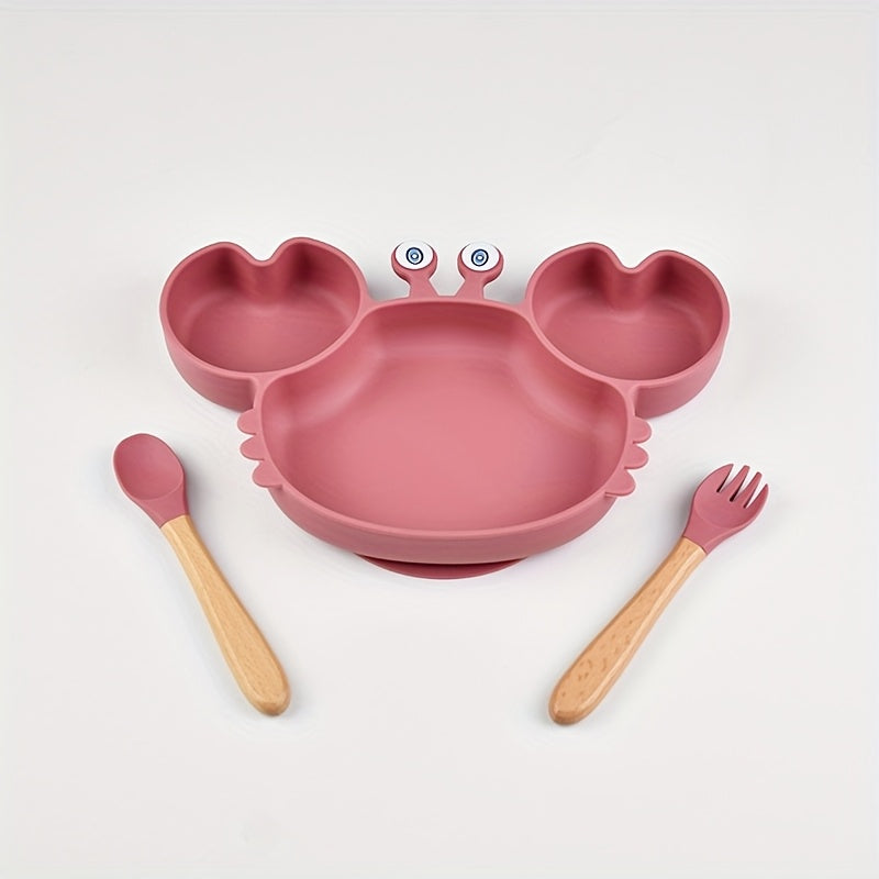 Silicone Toddler Tableware Set Non-Slip Crab Design Dinner Plate Spoons for Ages 0-3