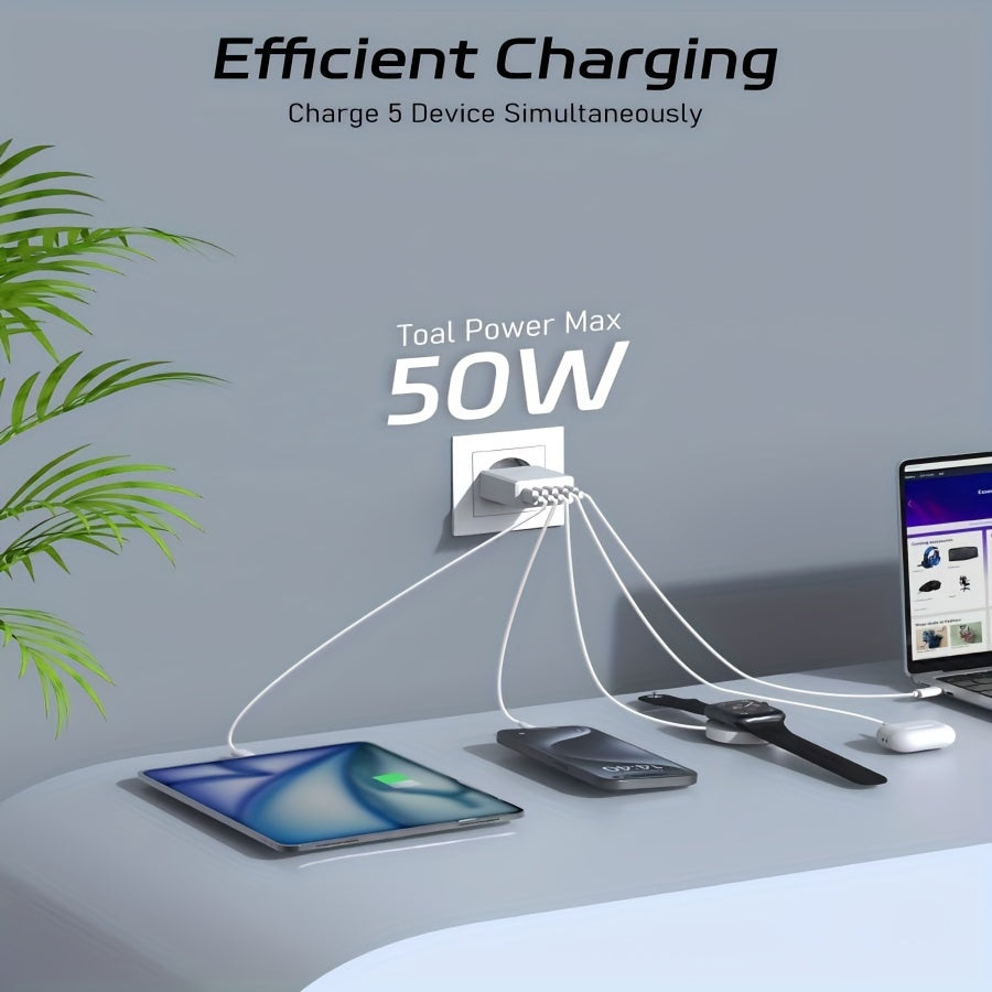 50W USB-C зарядка блоки, 5 портли тез зарядлаш EU ўтказгичи планшетлар ва смартфонлар учун