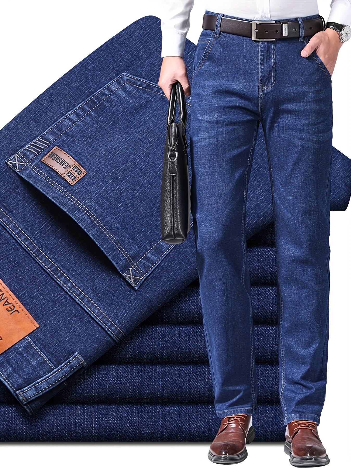 Men's All-Season Stretch Denim Pants Regular Fit Solid Color Washed Finish