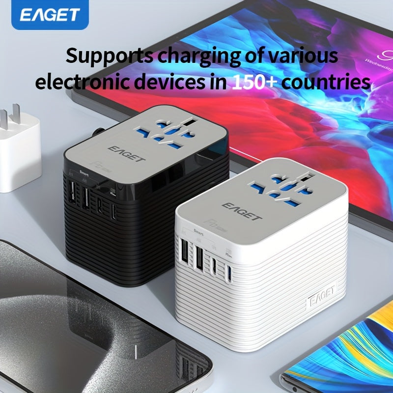 EAGET PD 20W Universal Sayohat Zaryadlovchisi 2 USB-A va 2 USB-C Port bilan, iPhone, Samsung, Vivo, Xiaomi uchun Tez Zaryad, Bir nechta Mamlakatlar uchun Barcha-in-Bir Socket Adapter, Siqilgan va Mustahkam.
