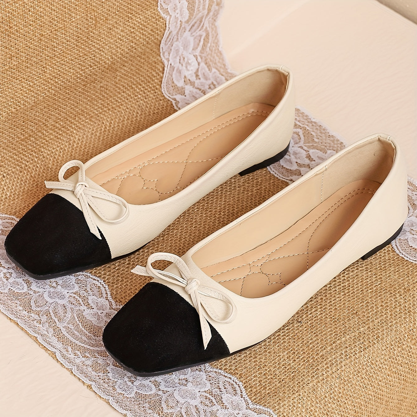 Women's Colorblock Flat Shoes with Bowknot Decor Lightweight Slip-On Dress Shoes