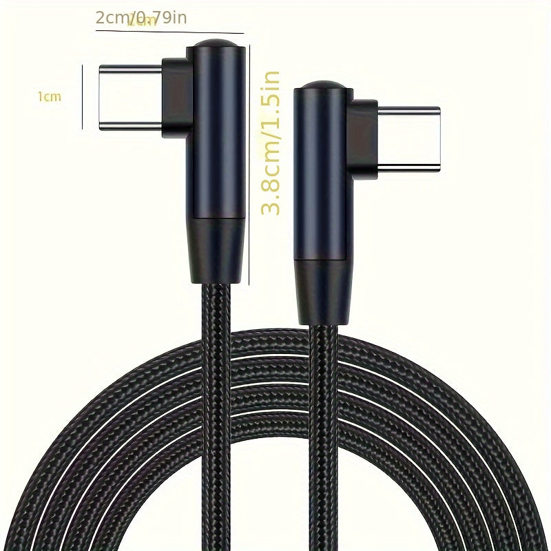 60W USB-C to USB-C Braided Charging Cable 90-Degree Right Angle Data Transfer Compatible with Smartphones Tablets