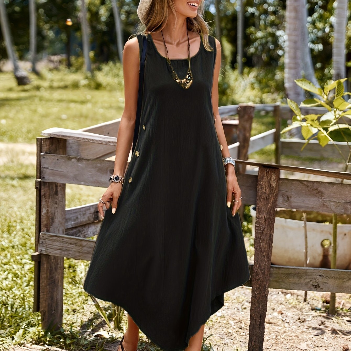 Women's Sleeveless Polyester A-Line Dress with Asymmetrical Hem and Fake Buttons for Summer