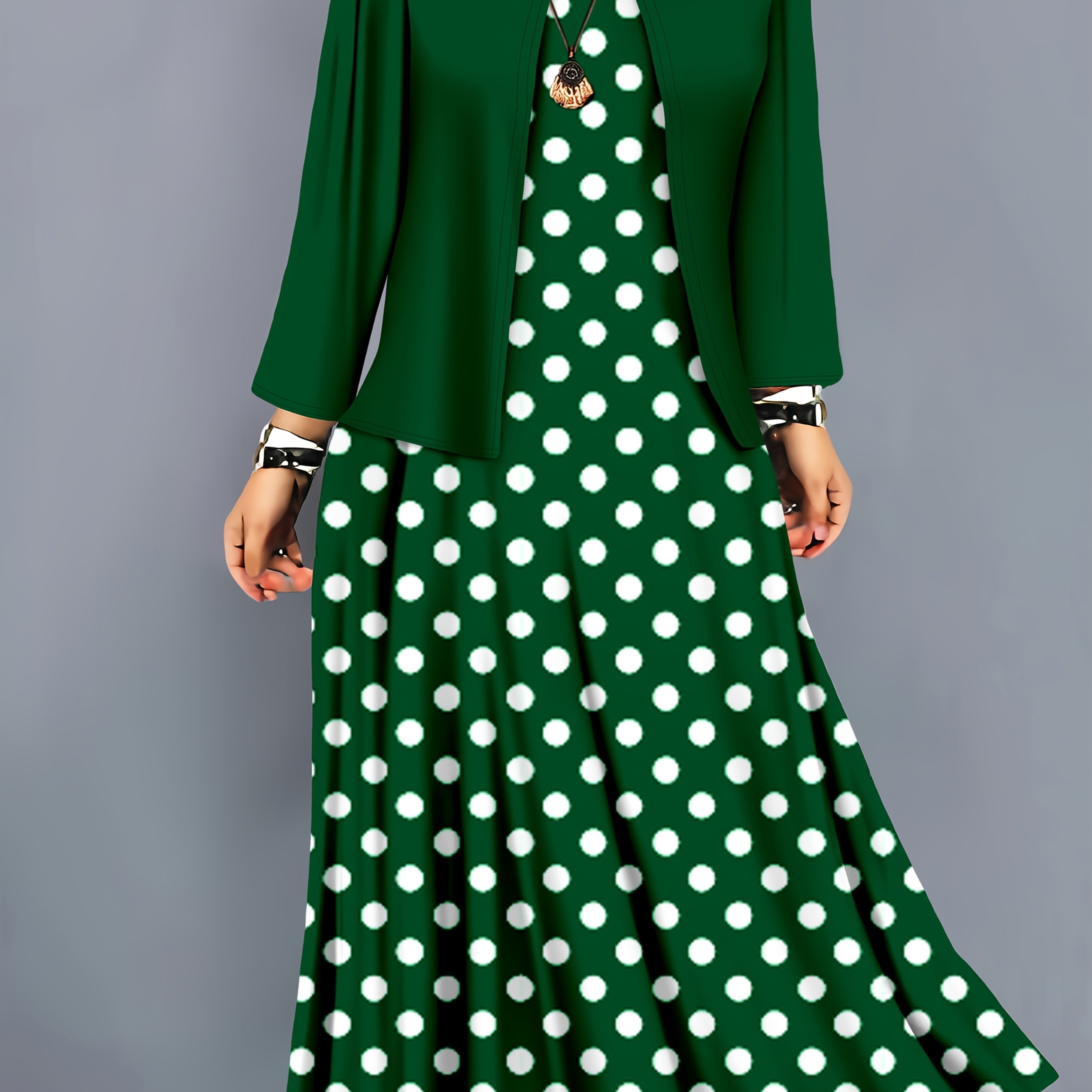 Plus-Size Green Polka Dot Midi Dress with Solid Cardigan Polyester Blend