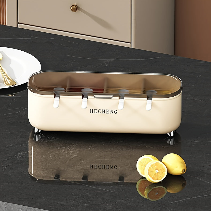 4-Compartment Seasoning Box with Lid and Spoon for Kitchen Storage