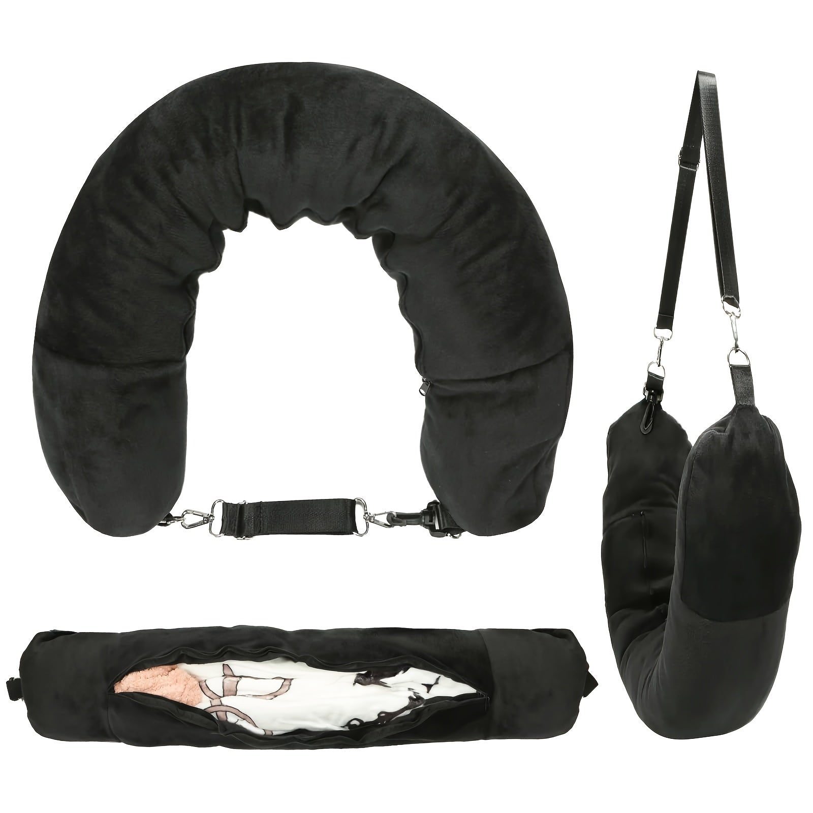 Black U-Shaped Travel Pillow with Clothes Storage, Refillable, Lightweight