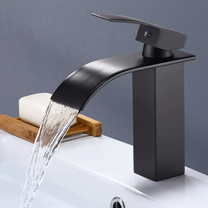 Black Brass Bathroom Sink Faucet Waterfall Spout Single Hole Deck Mount Ceramic Valve