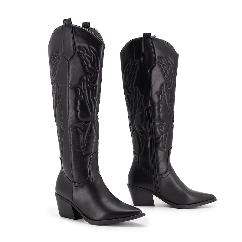 Women’s Western Cowboy Boots Faux Cover Embroidered Knee-High Pointed Toe
